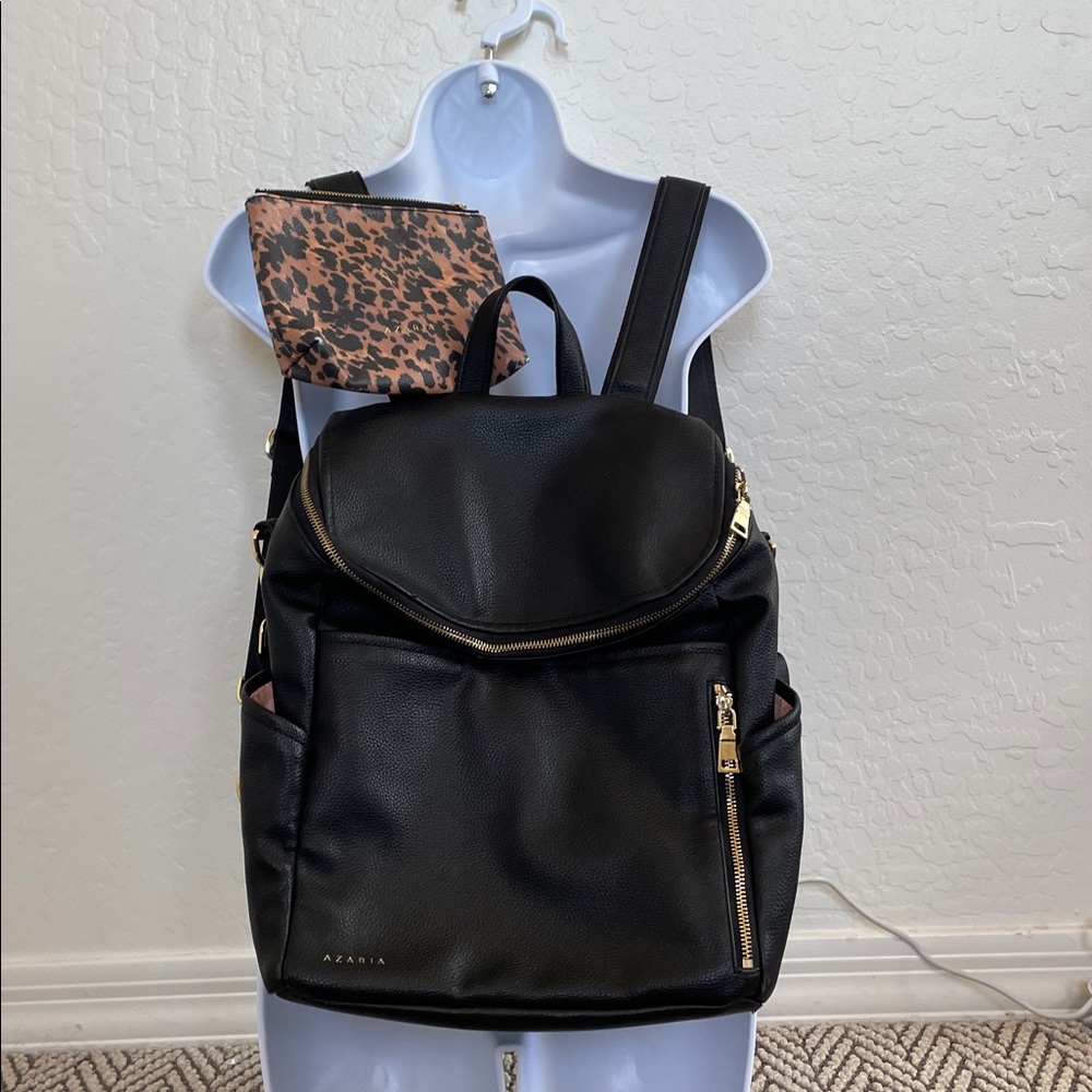 Vegan black leather diaper bag & leopard pouch